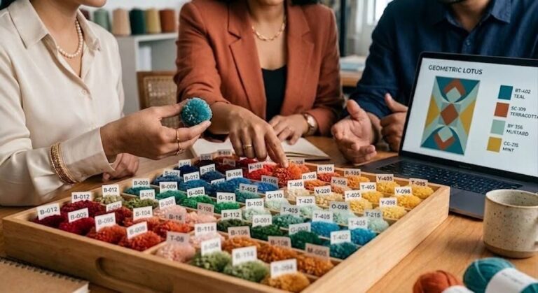 Color & Material Confirmation Every shade and fiber signed off before a single thread is woven.